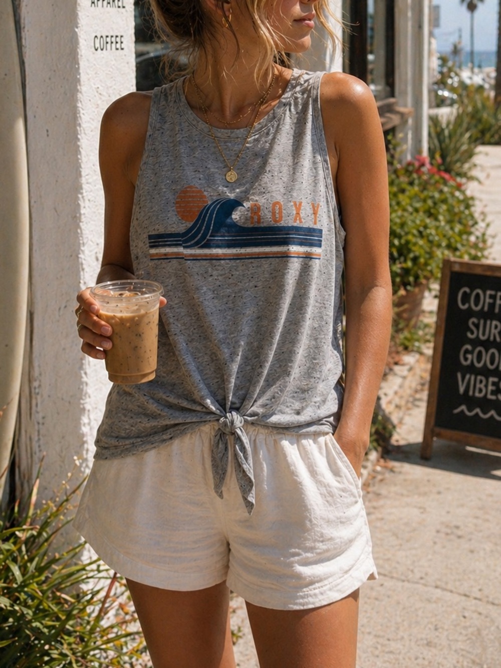 Roxy Light Heather Gray Speckled Tee with Wave and Sun